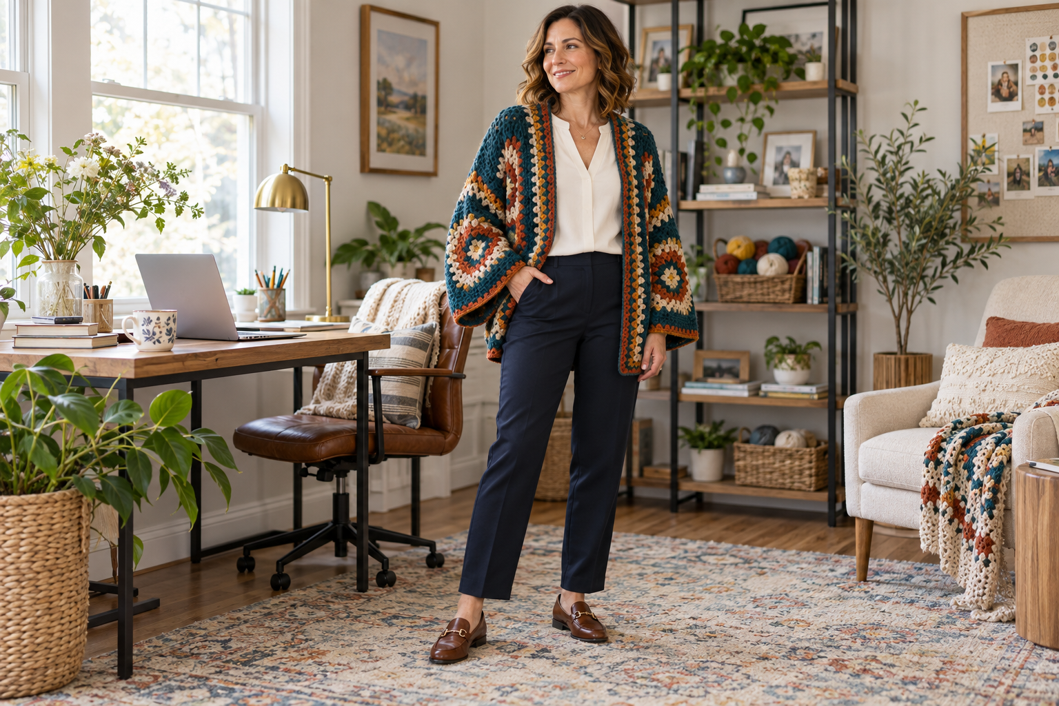 Woman styling a multicolor crochet hexi-cardigan with navy trousers and loafers