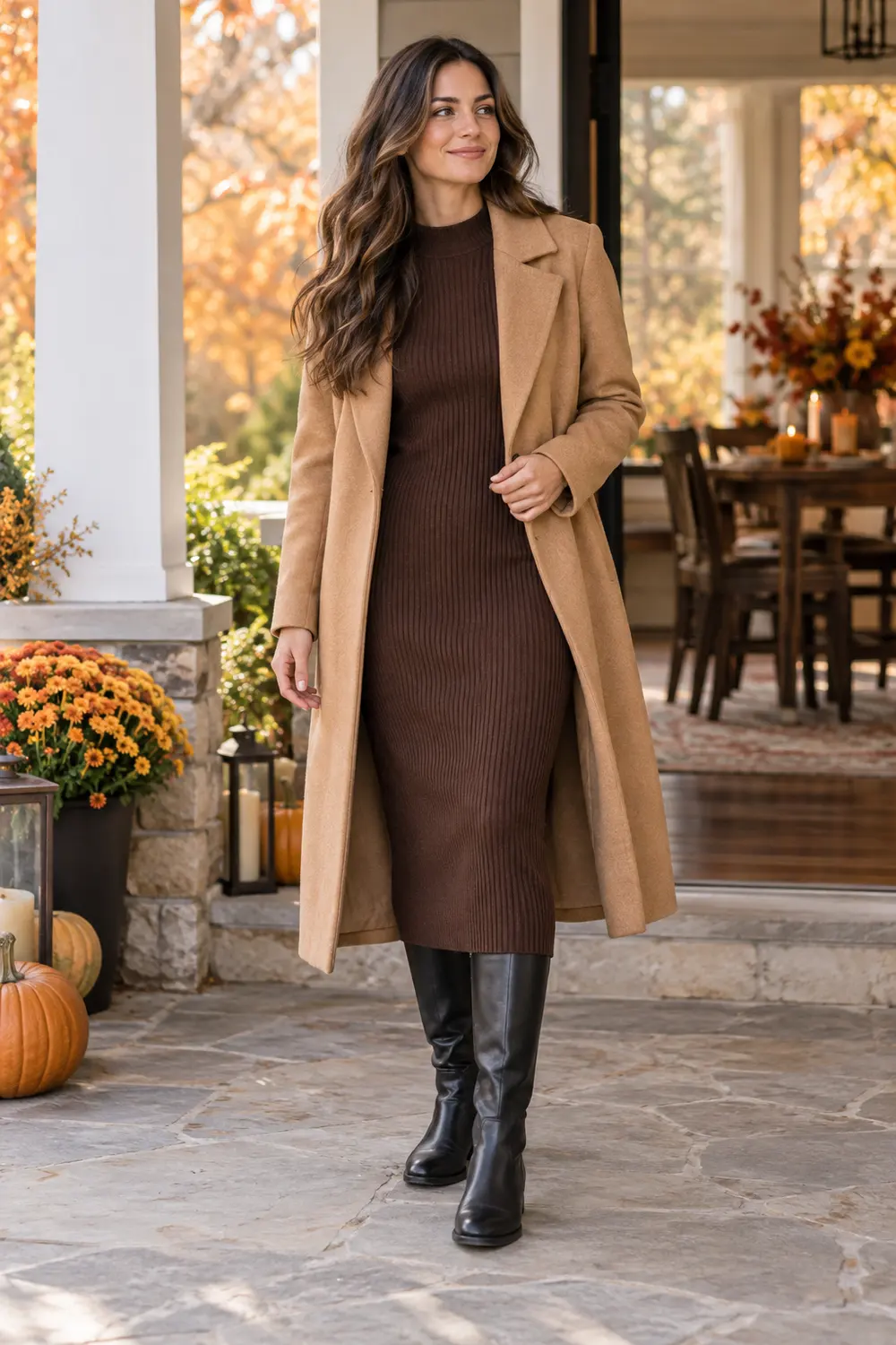 Chocolate rib-knit midi dress with a camel coat and black knee-high boots