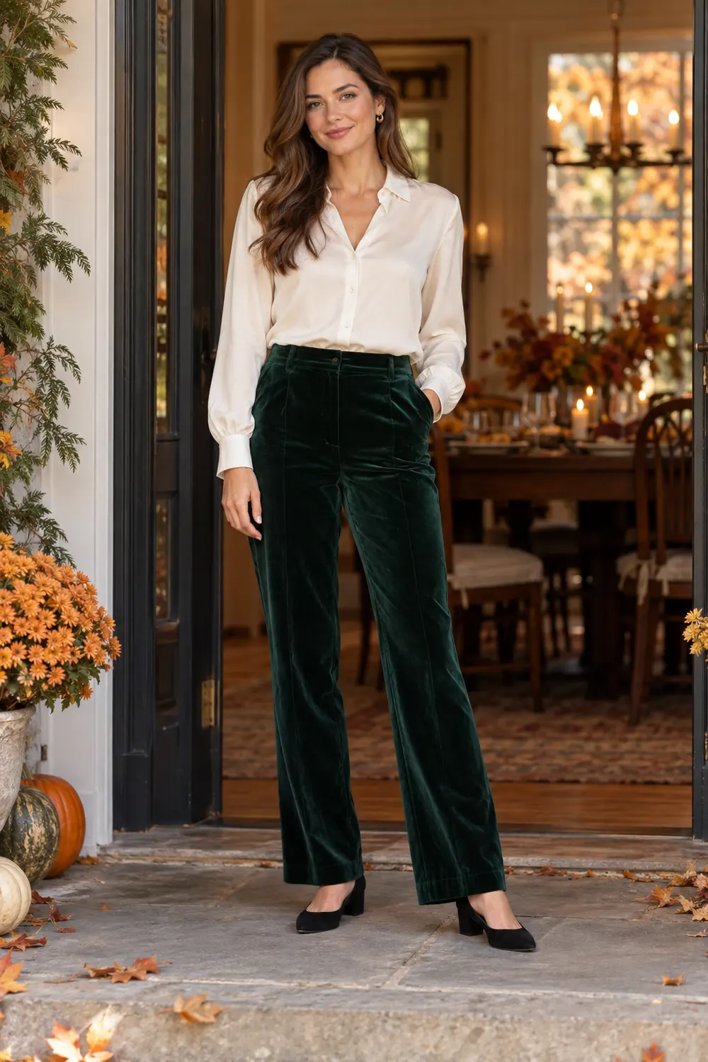 Forest-green velvet trousers with an ivory blouse and black low block heels
