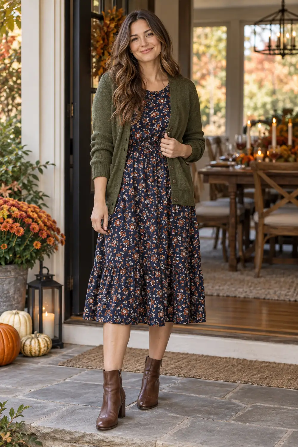 Navy midi dress with small rust-and-cream floral print, moss green cardigan, brown ankle boots