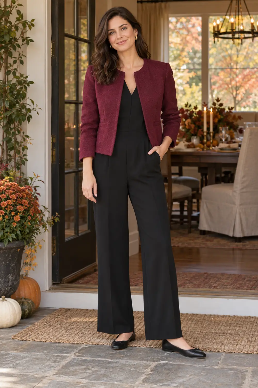 Black crepe jumpsuit, berry-colored jacket, black flats, small gold-tone earrings