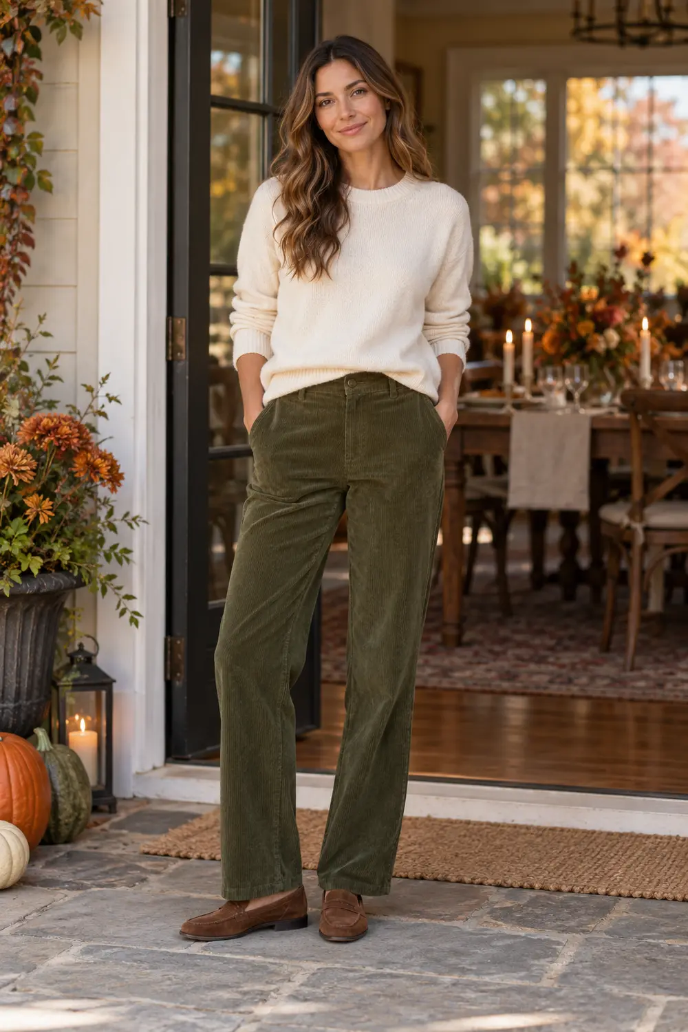 Cream crewneck sweater, olive corduroy trousers, brown suede loafers