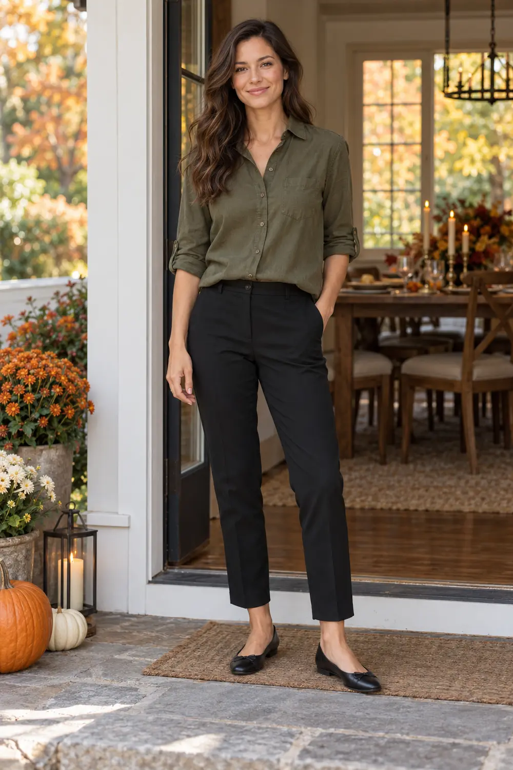 Olive cotton button shirt with rolled secure cuffs, black ankle-length trousers, black leather flats