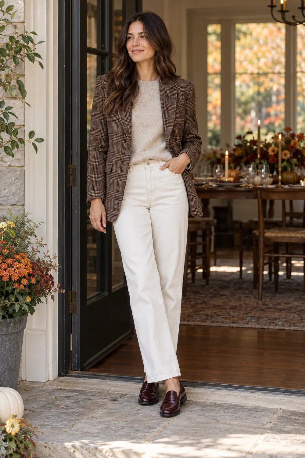Brown checked blazer, oatmeal knit top, ecru straight-leg jeans, burgundy loafers