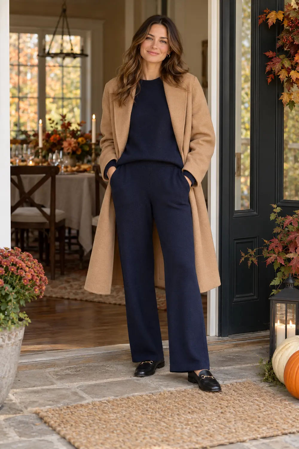 Navy knit crewneck and matching relaxed knit trousers, black loafers, camel wool coat worn open