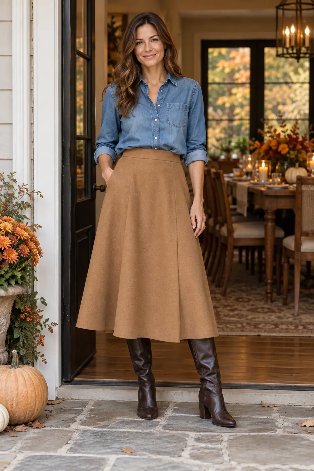 Washed blue denim shirt loosely tucked into camel A-line midi skirt, dark brown boots