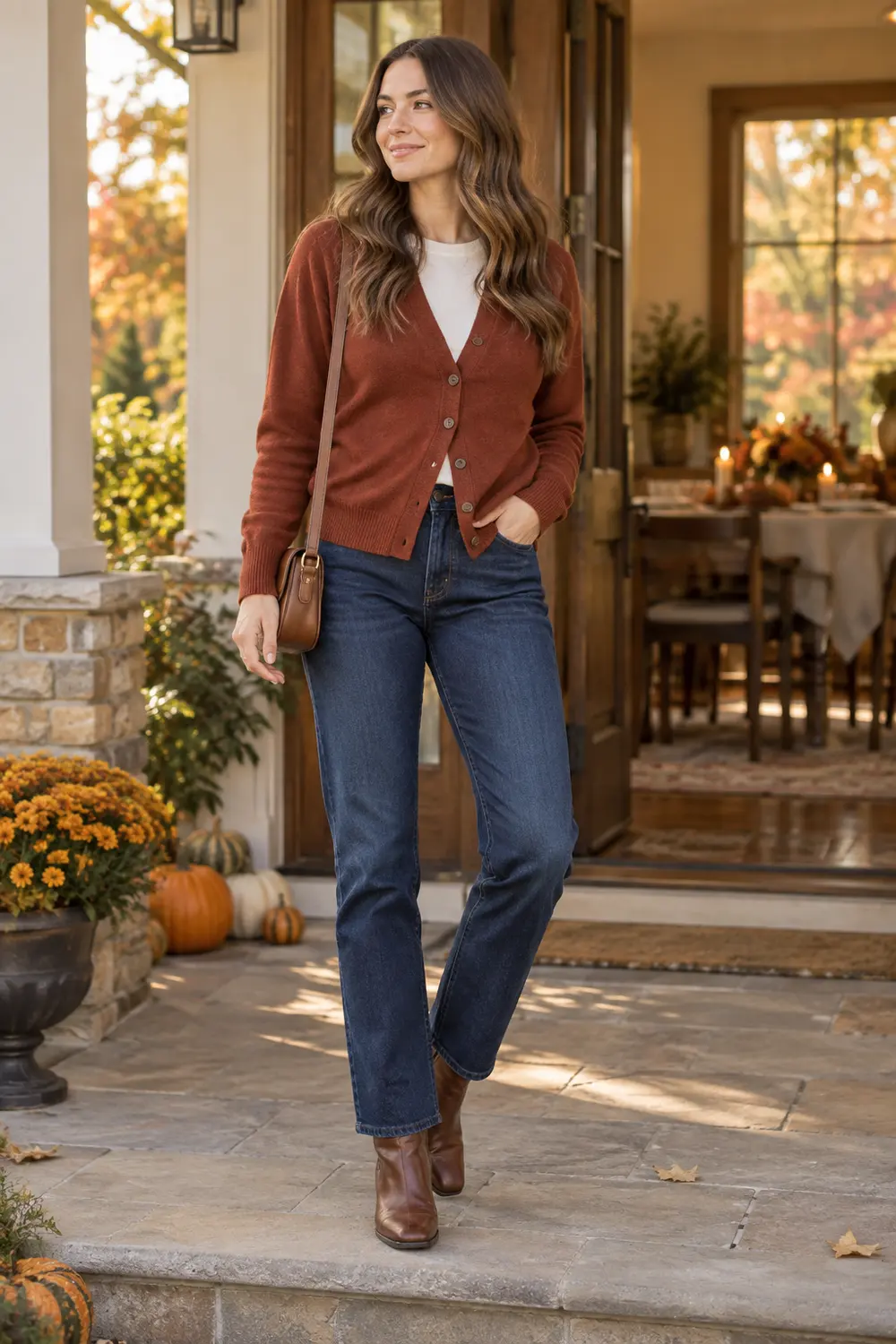 Casual Thanksgiving outfit with a rust cardigan, ivory tee, dark jeans, and brown ankle boots