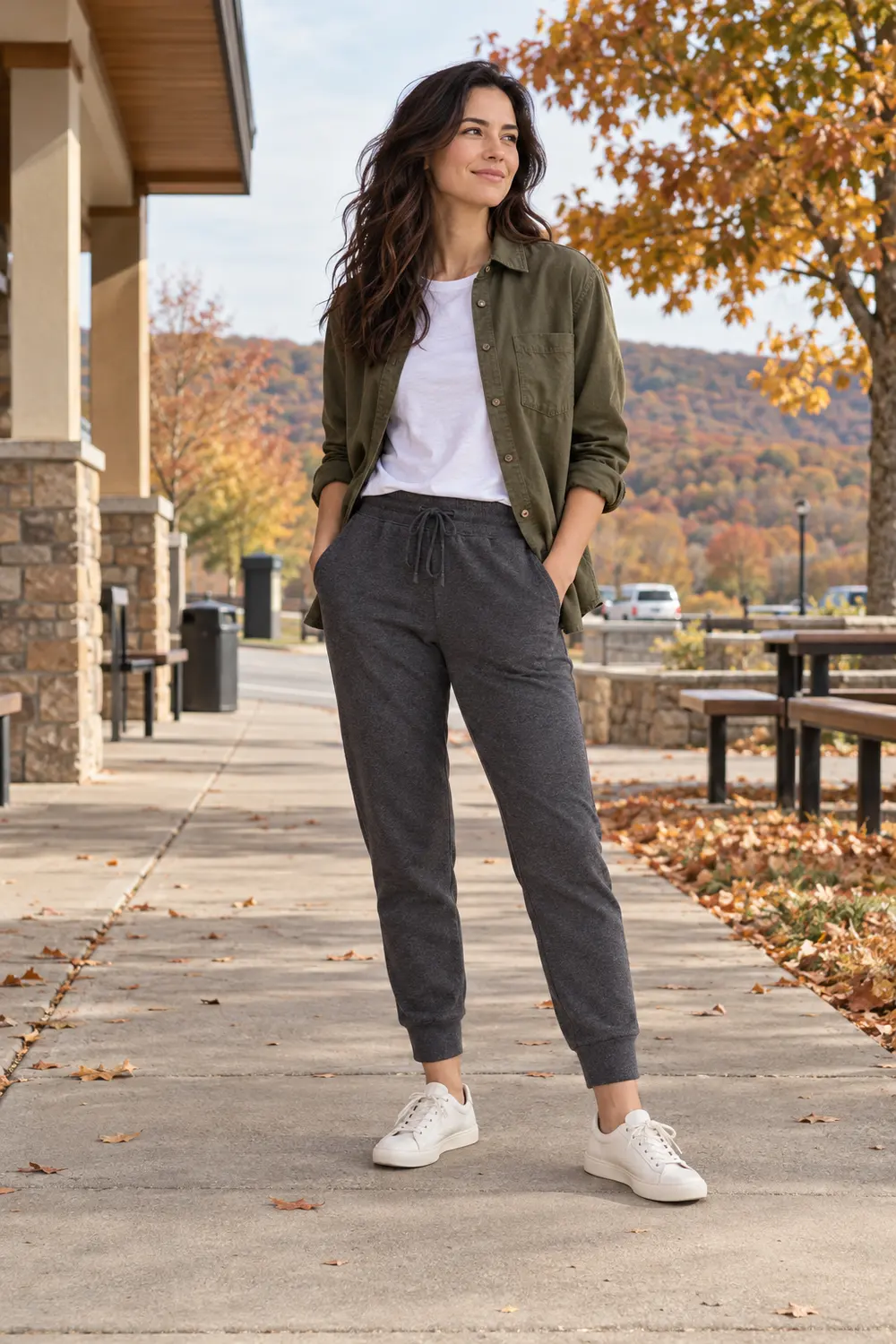 Olive cotton overshirt, white tee, charcoal cuffed joggers, and cream sneakers