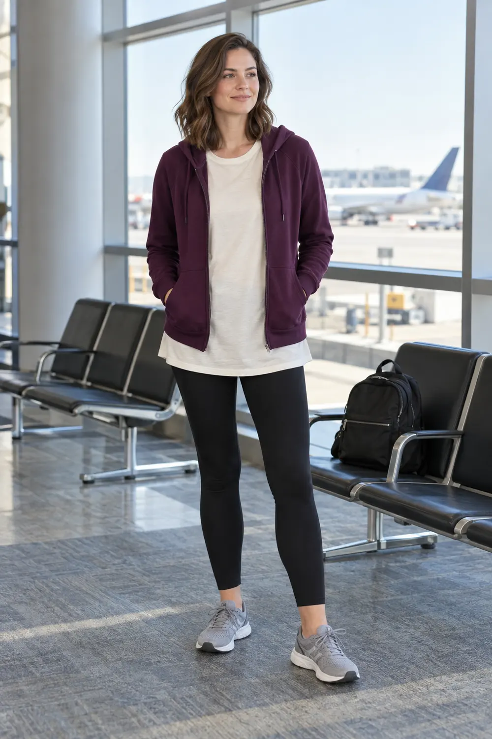 Plum zip hoodie, long cream tee, opaque black leggings, and gray sneakers
