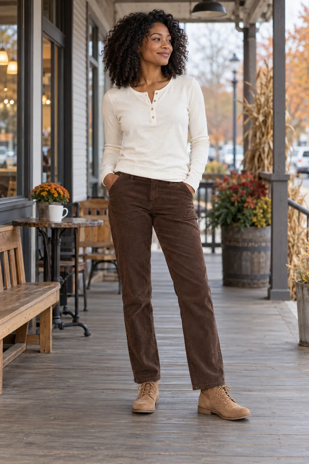 Cream cotton henley, chocolate straight-leg corduroys, and tan flat lace-up boots