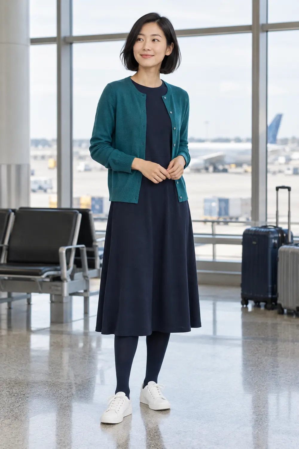 Teal cardigan over a navy jersey midi dress with navy tights and white sneakers