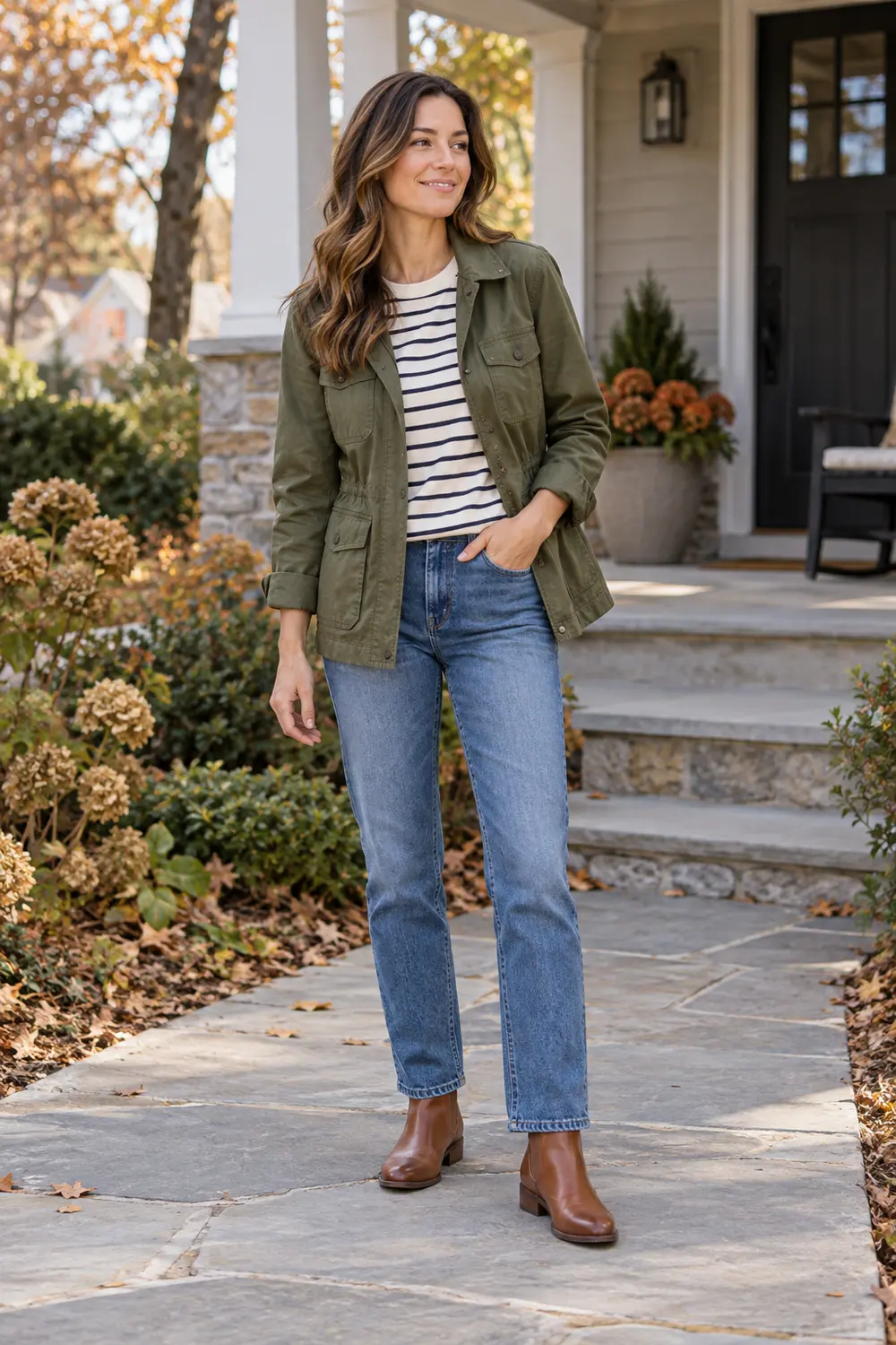 Thanksgiving weekend outfit ideas: olive jacket, striped tee, blue jeans, and cognac ankle boots