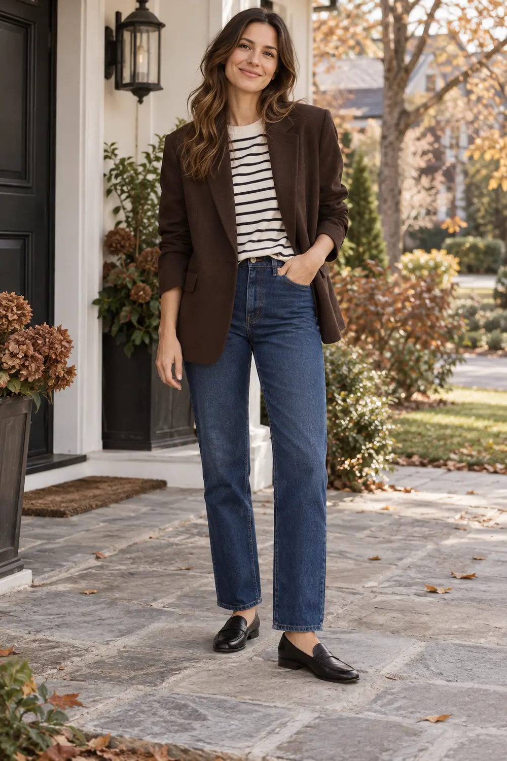 Chocolate brown soft unstructured blazer worn open over an ivory and black striped Breton tee, dark blue straight-leg jeans, black leather flat loafers