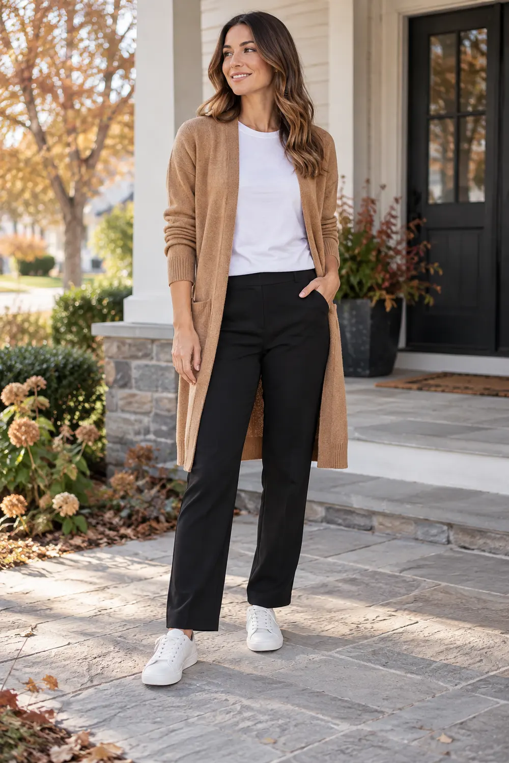 Camel longline fine-knit cardigan over a white cotton crewneck tee, black straight-leg ponte trousers, white low-top sneakers