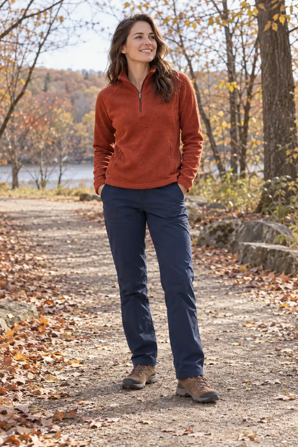 Rust orange zip-neck fleece, navy straight-leg hiking trousers, brown low hiking shoes with treaded soles