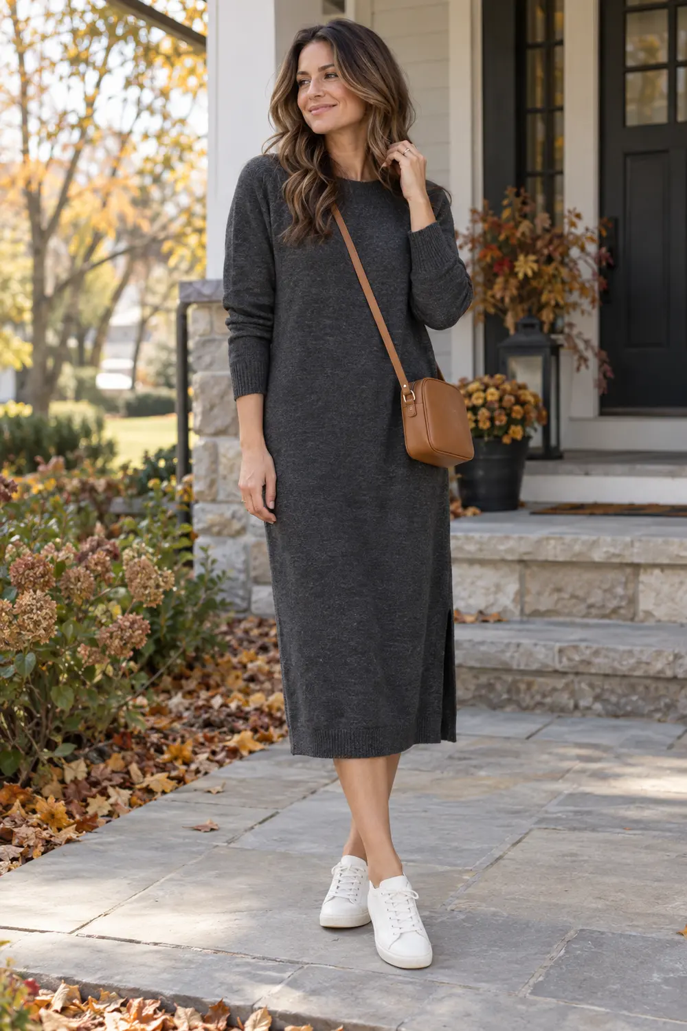 Charcoal gray long-sleeve relaxed midi knit dress, cream low-top leather sneakers, small tan leather crossbody bag