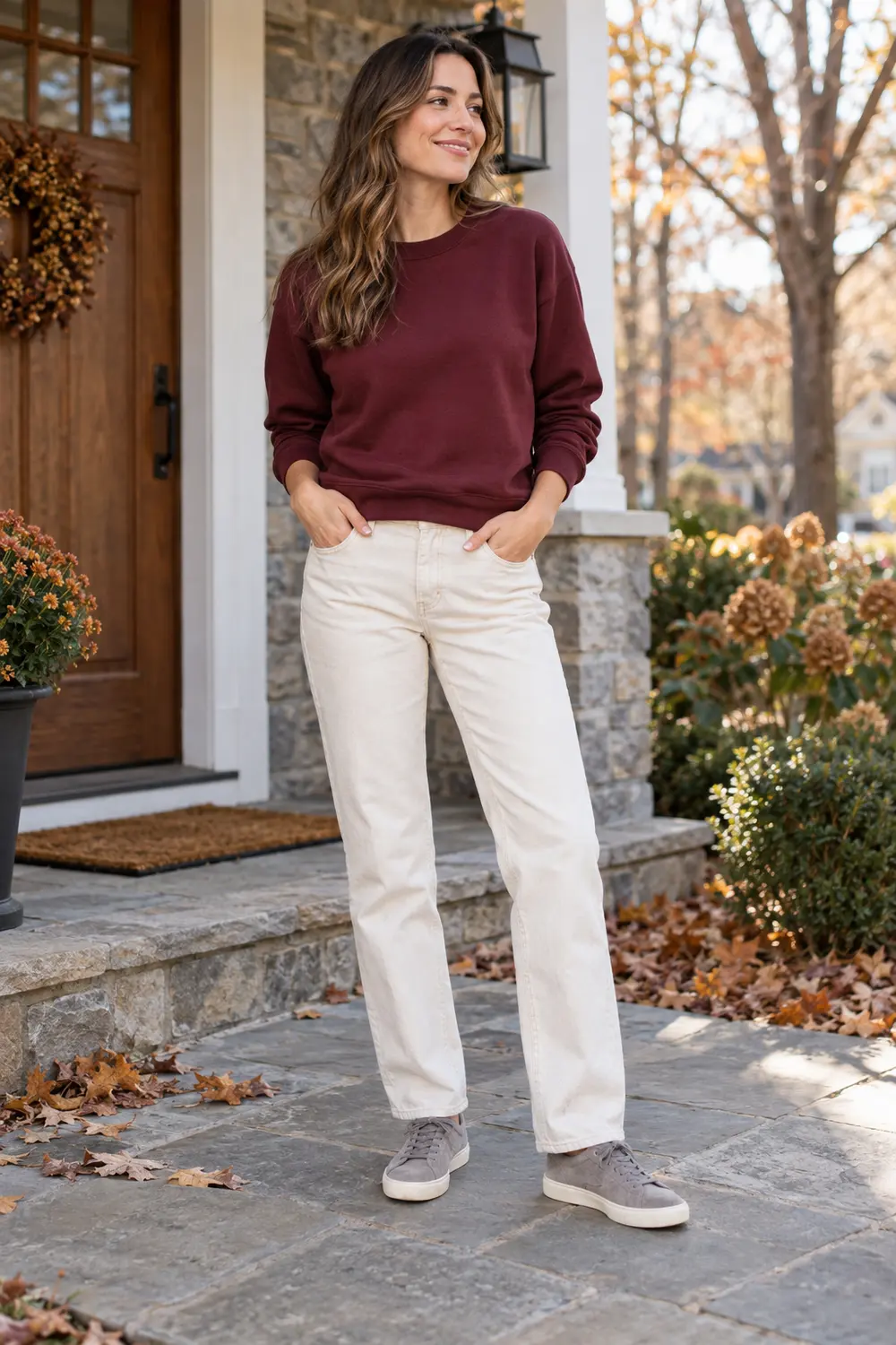 Burgundy cotton crewneck sweatshirt, ecru straight-leg jeans, gray suede low-top sneakers