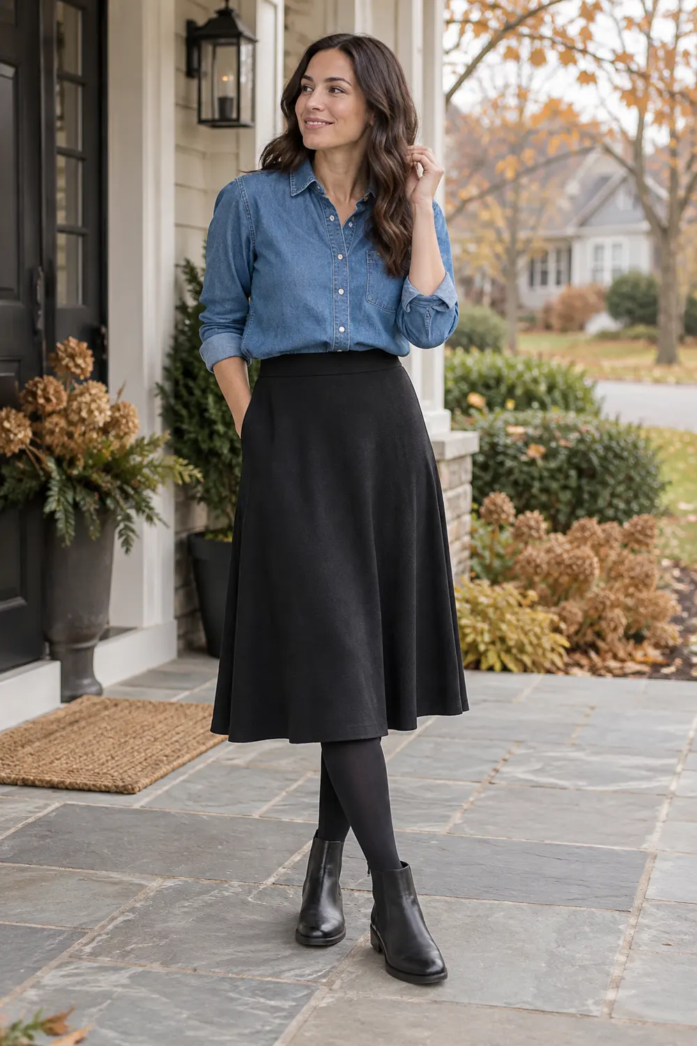 Medium-blue denim button-down shirt, black jersey A-line midi skirt, black opaque tights, black flat Chelsea boots