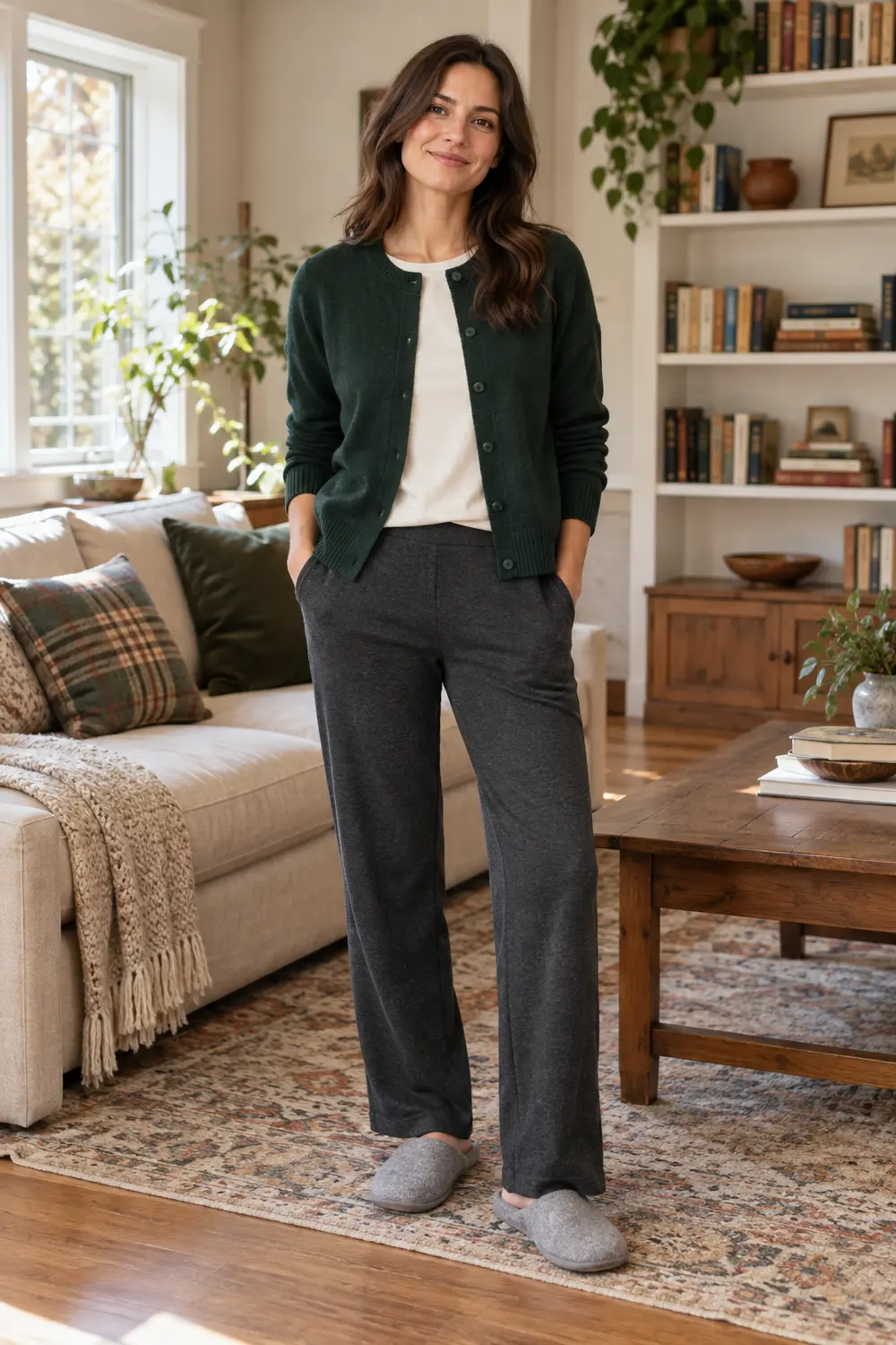 Forest green buttoned cotton cardigan over an ivory cotton tee, charcoal straight-leg jersey lounge trousers, simple gray felt house slippers